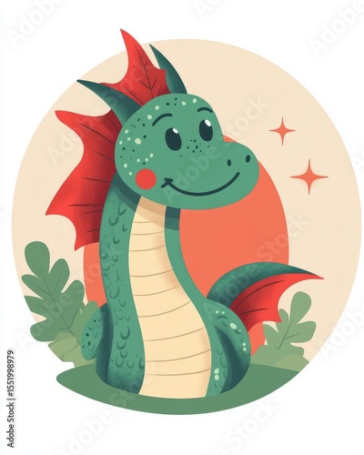 Whimsical Cartoon Dragon with Red Wings Smiling on a Neutral Background