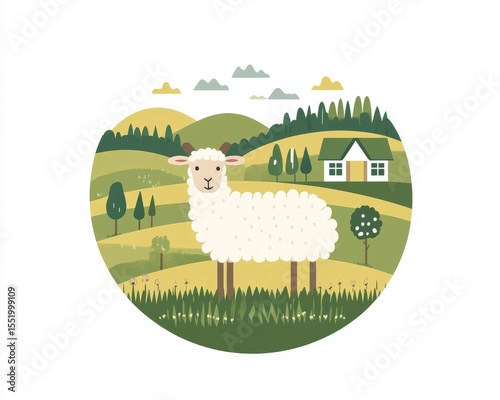 Cartoon Sheep in a Rural Landscape with Rolling Hills and a Farmhouse