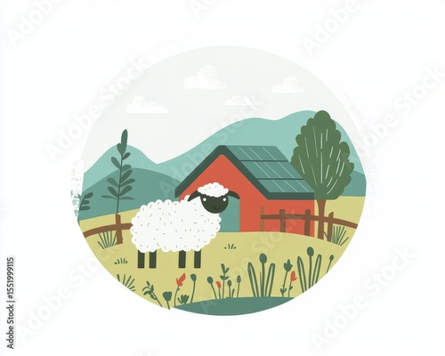 Stylized Farm Scene with Sheep, Barn, Fence, and Landscape Illustration