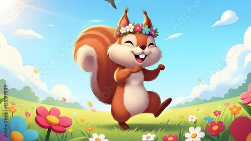 Cartoon squirrel dancing in flower field with crown