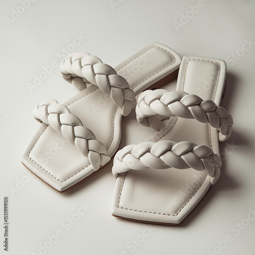 White braided sandals on a neutral background  