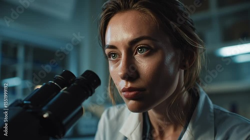 Scientific Scrutiny: A focused scientist, intently examining a specimen through a microscope in a dimly lit laboratory, embodying dedication and scientific pursuit.