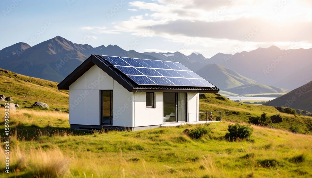 Fototapeta premium Modern Eco-Friendly Small House With Solar Panels In A Beautiful Green Mountain Landscape On A Sunny Day