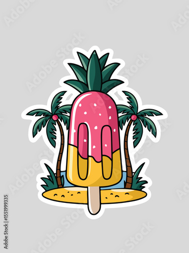 Tropical Popsicle Sticker Illustration. Summer Island Ice Cream Illustration with Palm and Pineapple