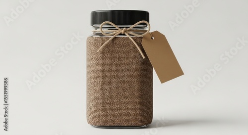 A jar wrapped in burlap with a black lid sits against white background