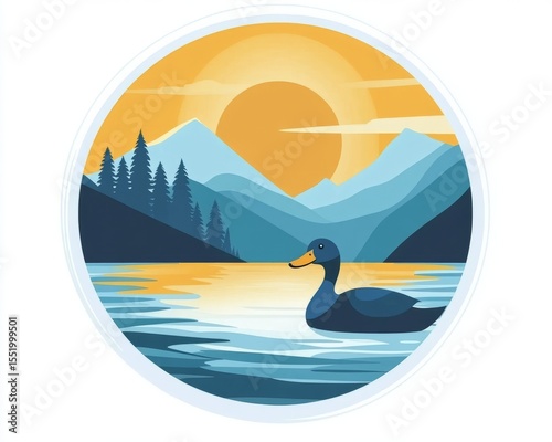 Duck Swimming on Lake Surrounded by Evergreen Trees and Mountains at Sunset