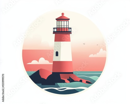 Lighthouse on Rocky Coastline with Distant Birds and Geometric Sky