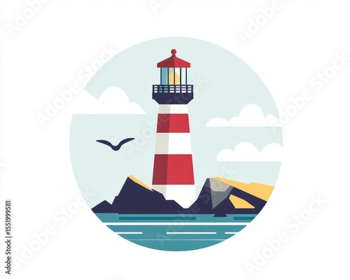 Scenic Lighthouse on Rocky Coast with Flying Bird in Minimalist Style