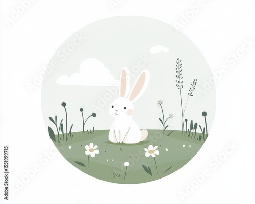 Rabbit Sitting in a Meadow Surrounded by Flowers and Grass Illustration