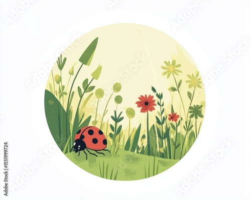 Ladybug Walking through a Field of Flowers and Tall Grass Artwork