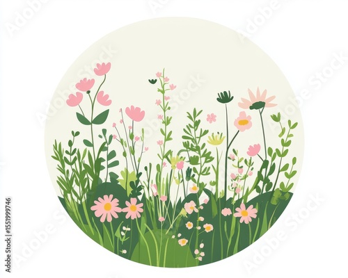 Delicate Flowers and Green Foliage in Pink and Yellow Hues