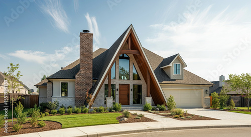Modern residential house with unique architectural design featuring a prominent triangular roof, stone chimney, and landscaped front yard, showcasing contemporary living aesthetics and outdoor space