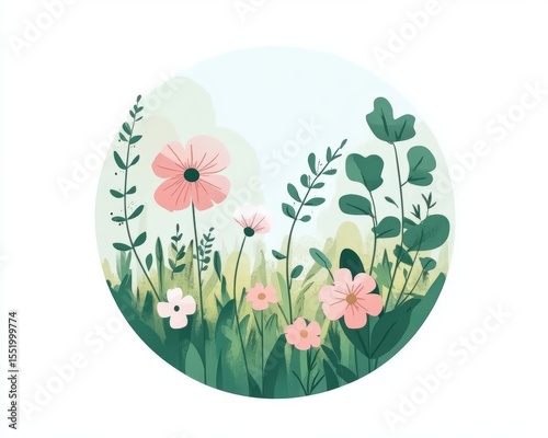 Circular Frame of Pink Flowers and Greenery in a Floral Arrangement