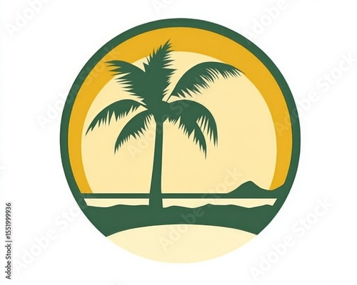 Palm Tree Silhouette Graphic in Circular Tropical Landscape Emblem