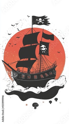 Vintage Pirate Ship Sailing on Rough Seas with Skull and Crossbones Flags