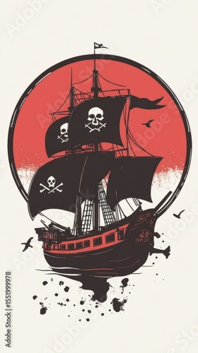 Detailed Pirate Ship Illustration with Skull Sails Against a Red Sunset