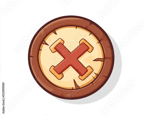Cartoon Styled Wooden Button with Red Cross Shape Isolated on White Background