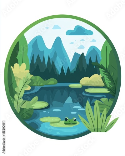Frog Resting on Lily Pad in a Tranquil Mountain Lake Scene