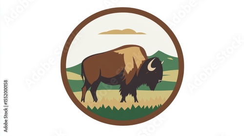American Bison Illustration within a Round Brown Frame Landscape