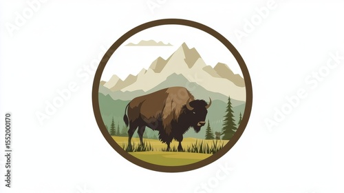 American Bison walking on grassland with Mountain Scenery in background