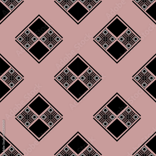 Ethnic pattern in geometric black diamond shape on soft pink. Seamless abstract vector. Concept of tradition, design, motifs, ethnic, vintage for cloth texture, textiles, wrap, paper print, background
