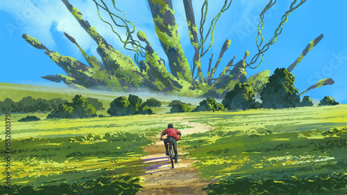 A person on a bicycle rides toward a surreal, massive alien-like structure sprouting tendrils in the middle of a green landscape., digital art style, illustration painting