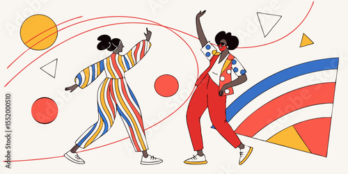 Joyful celebration shows two people with rainbow flag and balloons, perfect for community event, social campaign, or inclusivity designs.
