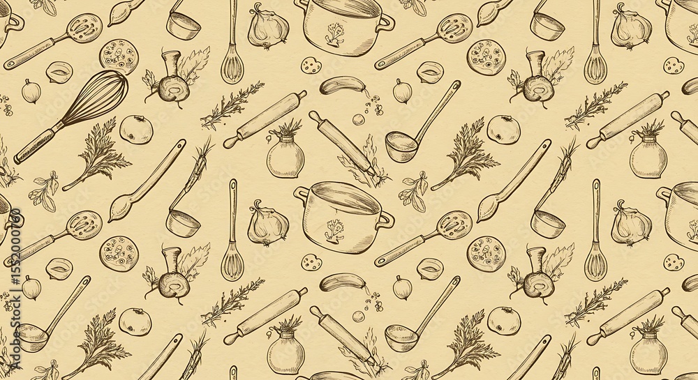Fototapeta premium Hand-Drawn Kitchen Utensils and Vegetables Seamless Pattern