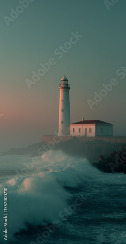 Lighthouse stands tall against crashing waves at sunset in a coastal location