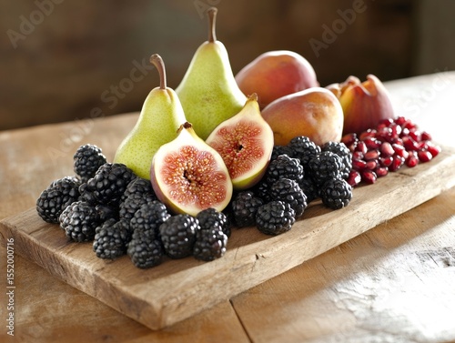 Variety of colorful fruits arranged on a wooden cutting board, creating a vibrant and healthy display