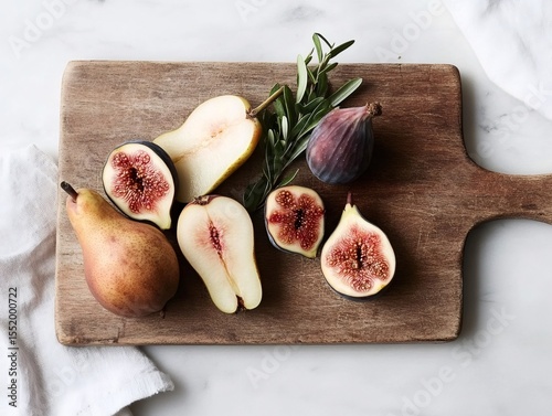 Rustic wooden board displaying sliced figs, pears, and fragrant rosemary sprig, highlighting natural culinary beauty