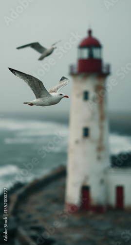 Seagulls soar near a lighthouse during a stormy coastal day with waves crashing against the shore