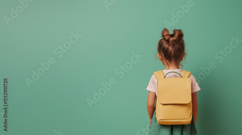 Young girl with a backpack standing against a green background in a playful setting