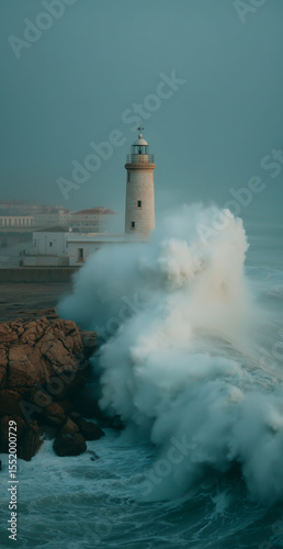 Coastal lighthouse withstands towering waves during a stormy day at the shoreline