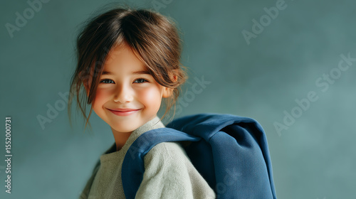 Smiling girl with backpack ready for school in a calm indoor setting during daylight