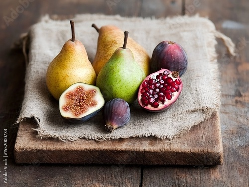 Ripe pears, figs, and pomegranate arranged on a wooden cutting board with a burlap cloth, creating a still life composition