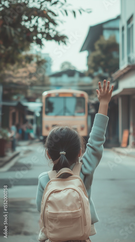 Child with backpack waves to bus on a quiet street in the afternoon