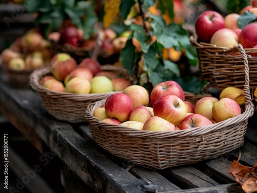 Ripe red and yellow apples sit in wicker baskets on a weathered wooden table, evoking the warmth and abundance of harvest season