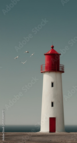 Lighthouse with red top stands alone at the shore under a hazy sky while birds soar above the calm sea