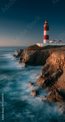 Lighthouse standing tall on rocky coast during twilight with waves crashing against cliffs