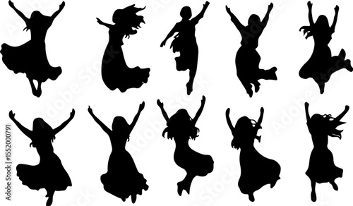 Ten black silhouettes of joyful women dancing and jumping with arms raised, isolated on a white background
