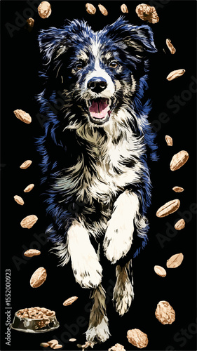 Happy border collie running towards food against a black background