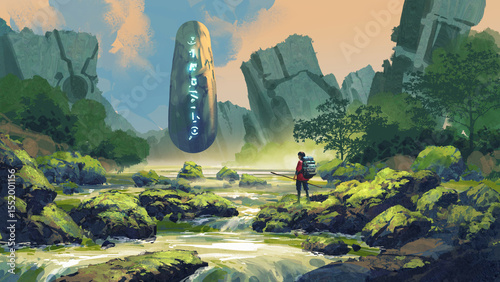 An ancient glowing monolith floats above a mossy jungle creek, observed by a lone explorer in a mysterious ruin, digital art style, illustration painting