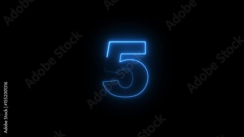 A dynamic glowing neon number 5 animation . on a black background. and creating a stunning video.4k video.5 text Animation of glowing neon  blue color number text animation .