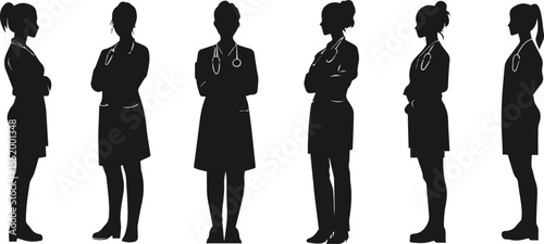Female doctors silhouettes character sheet with stethoscope wearing lab coat standing in different poses