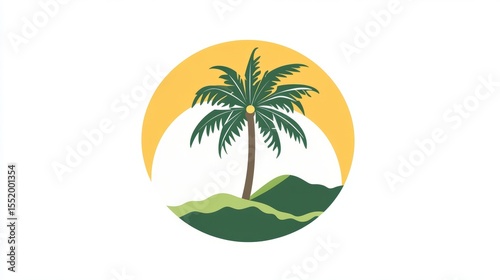 Palm tree stands above grassy hills against a warm yellow sun