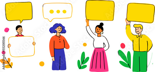 Smiling men and women holding empty speech and thought bubbles and signs with space for text, promoting communication and advertising