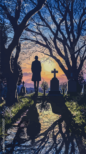 Silhouette of detective standing in cemetery at sunset looking at tombstones, remembering past investigations