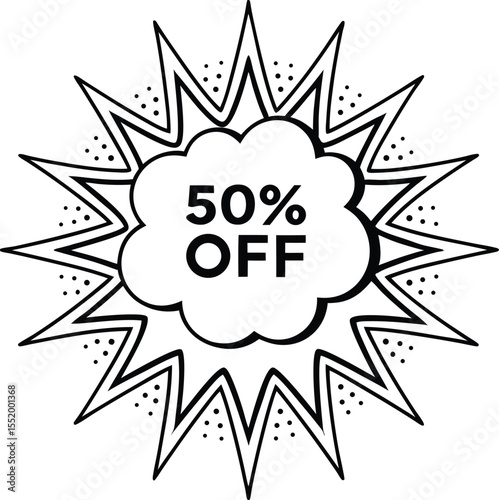 Graphic image promoting fifty percent off in a comic book style