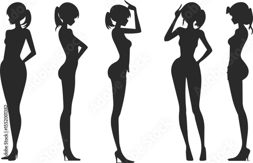 Five female character model sheets are showing different poses, useful for animation, comics or illustration